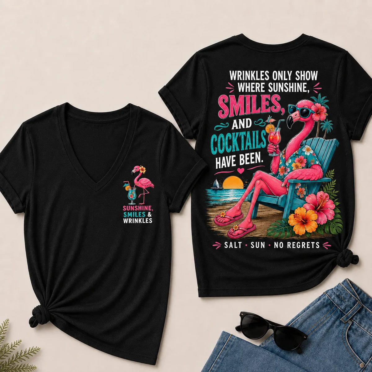 Wrinkles Only Show Where Sunshine, Smiles & Cocktails Have Been™ Funny Retirement V-Neck Tee For Women