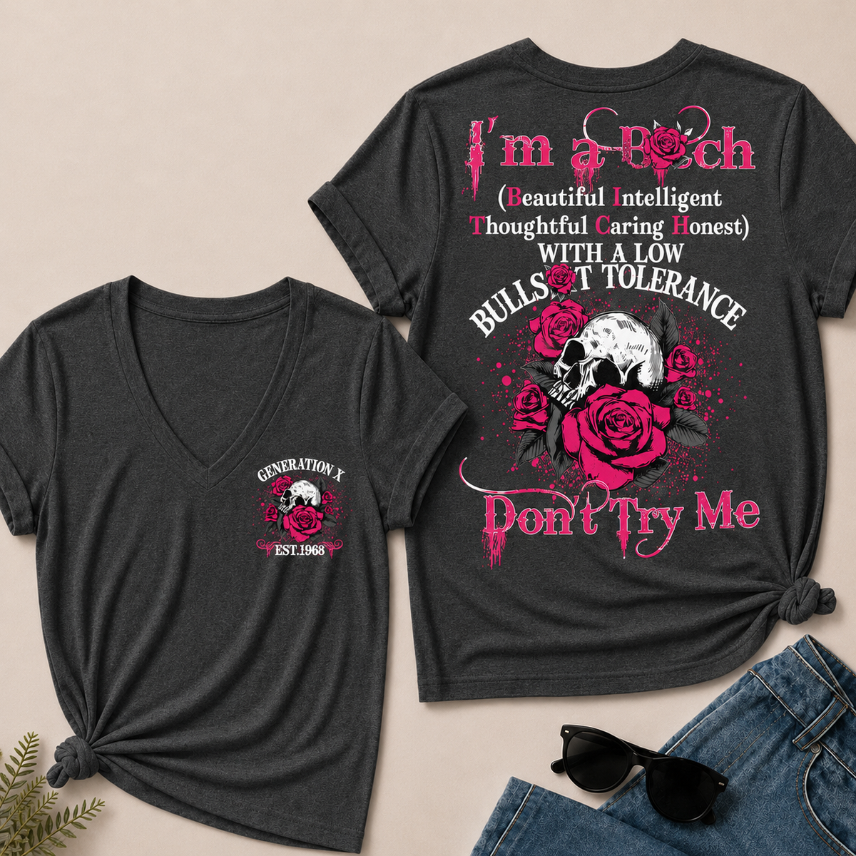 Women’s V‑Neck T‑Shirt, Generation X EST.1968 Skull Pink Rose Graphic Tee, Beautiful Intelligent Thoughtful Caring Honest Front & Back Print Casual Short Sleeve Top