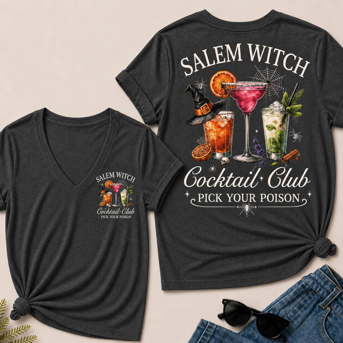 "Salem Witch Cocktail Club – Pick Your Poison" V-Neck Tee