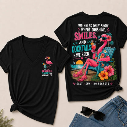 Wrinkles Only Show Where Sunshine, Smiles & Cocktails Have Been™ Funny Retirement V-Neck Tee For Women