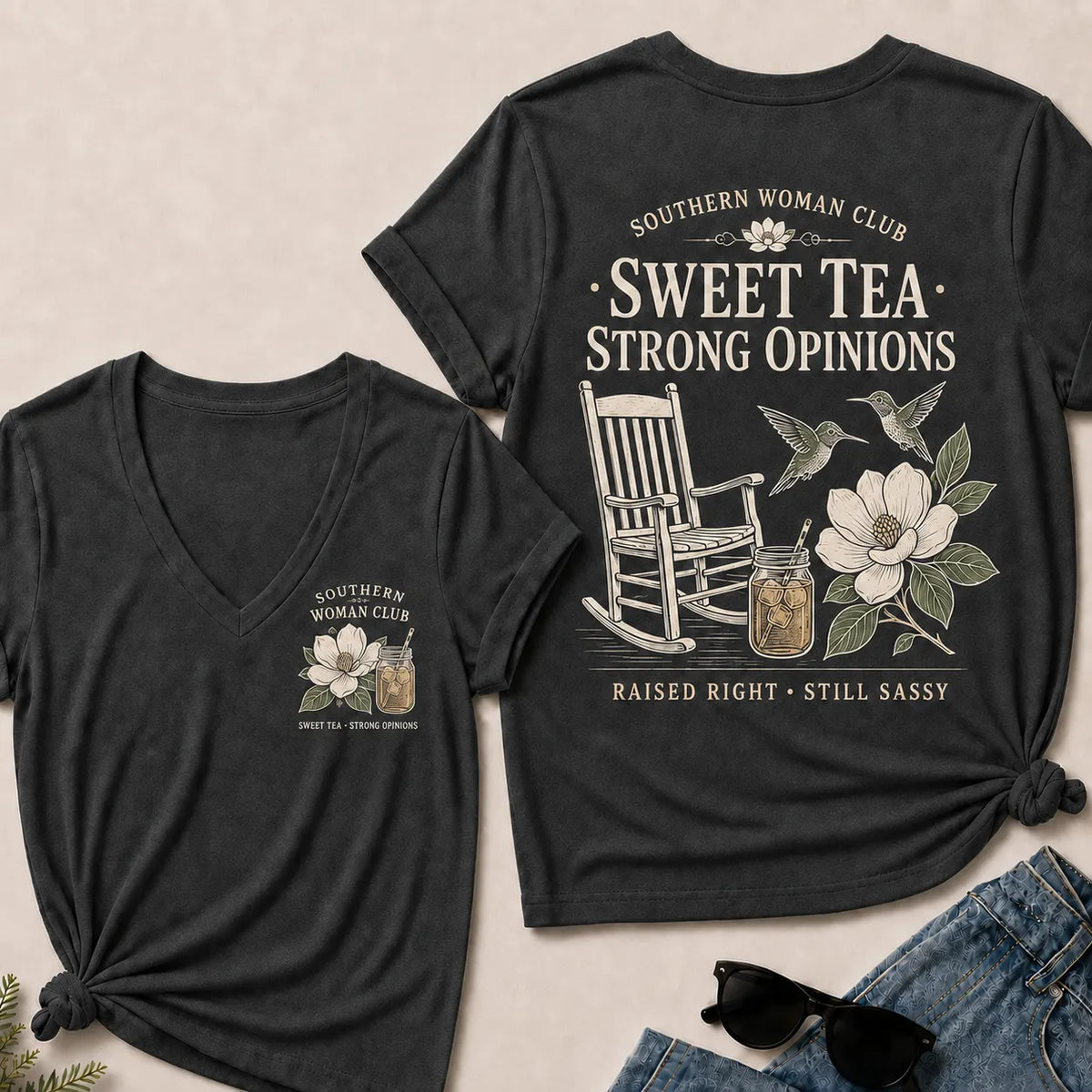 Southern Woman Club Sweet Tea Strong Opinions V-Neck T-shirts