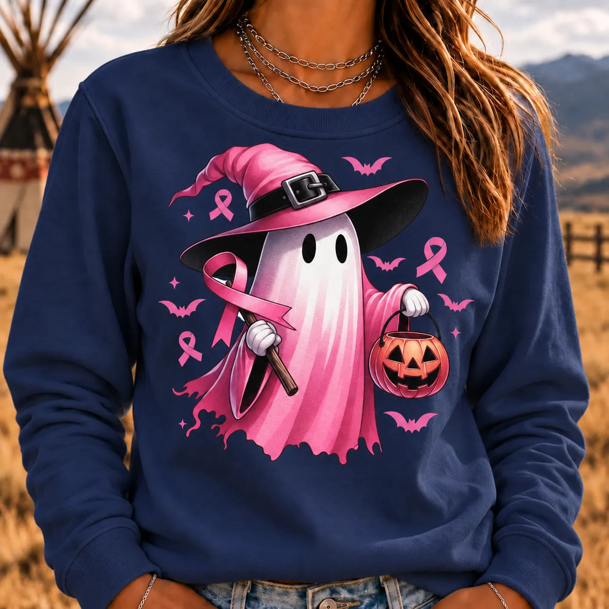 Women's In October We Wear Pink Halloween Ghost Breast Cancer Awareness Sweatshirt