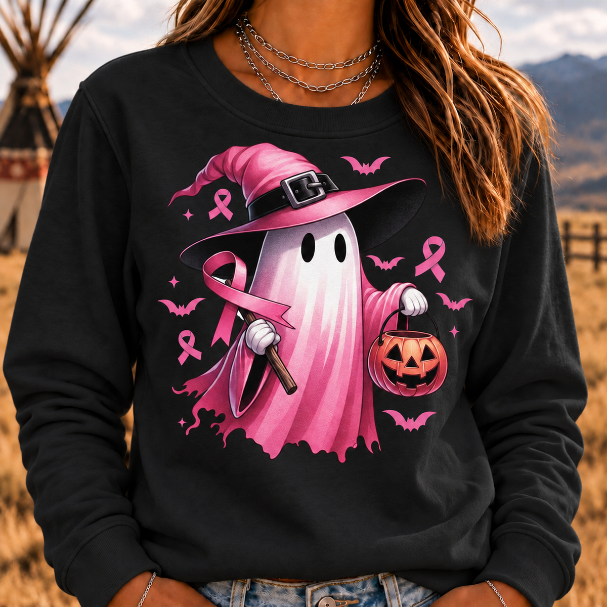 Women's In October We Wear Pink Halloween Ghost Breast Cancer Awareness Sweatshirt