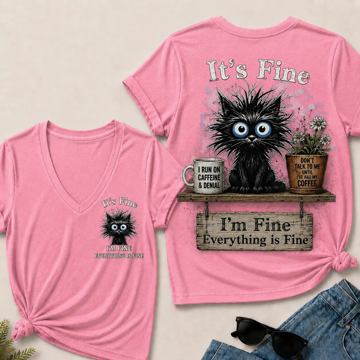 "It's Fine, I'm Fine, Everything Is Fine" Black Cat V-Neck T-Shirt