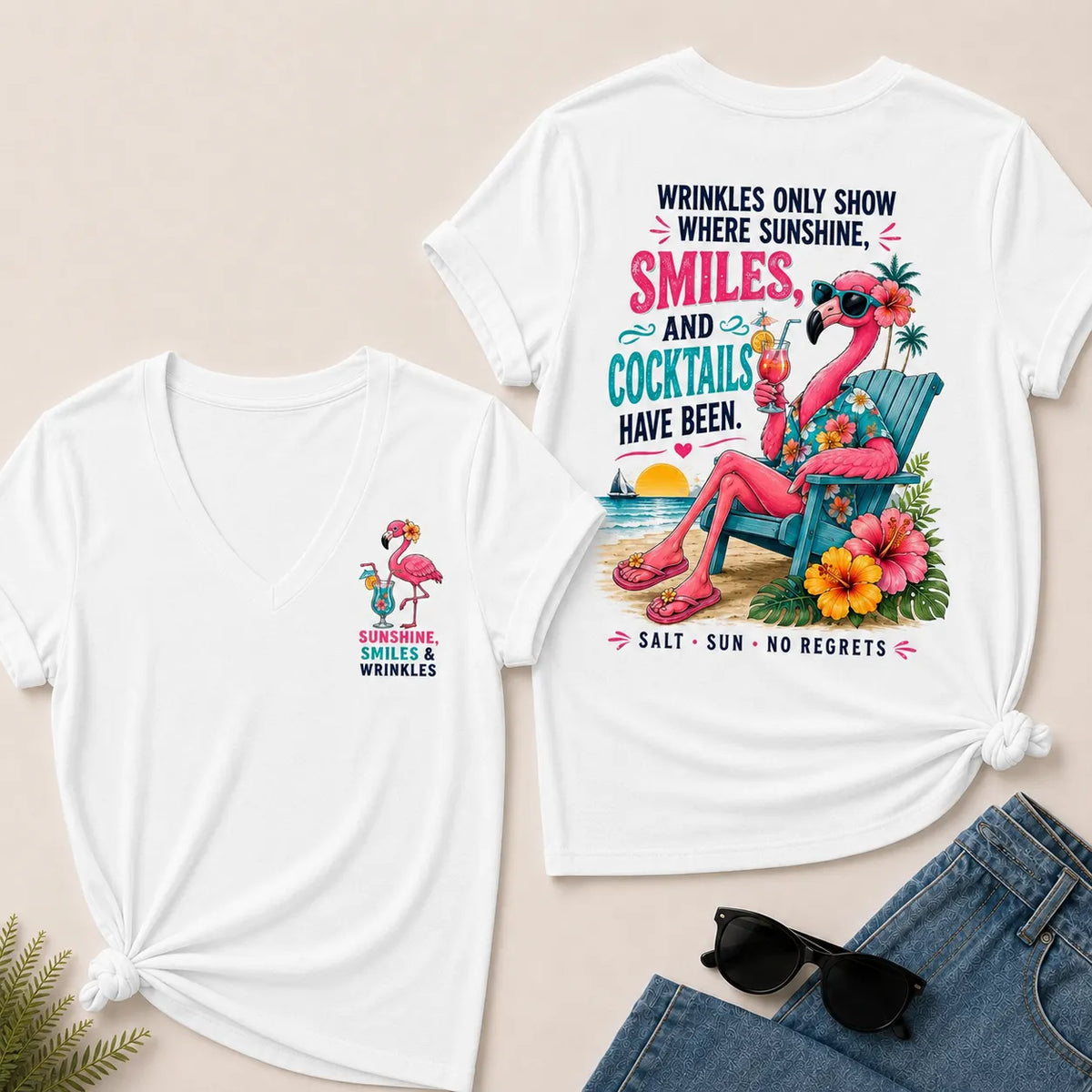 Wrinkles Only Show Where Sunshine, Smiles & Cocktails Have Been™ Funny Retirement V-Neck Tee For Women