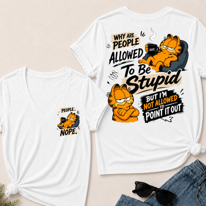 Women’s Funny Garfield V‑Neck Graphic T‑Shirt, Sarcastic Quote Short Sleeve Tee, Front & Back Print Casual Top