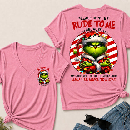 Grinch Christmas V‑Neck T‑Shirt, Please Don’t Be Rude To Me Funny Holiday Graphic Tee, Christmas Grinch Short Sleeve Top For Women