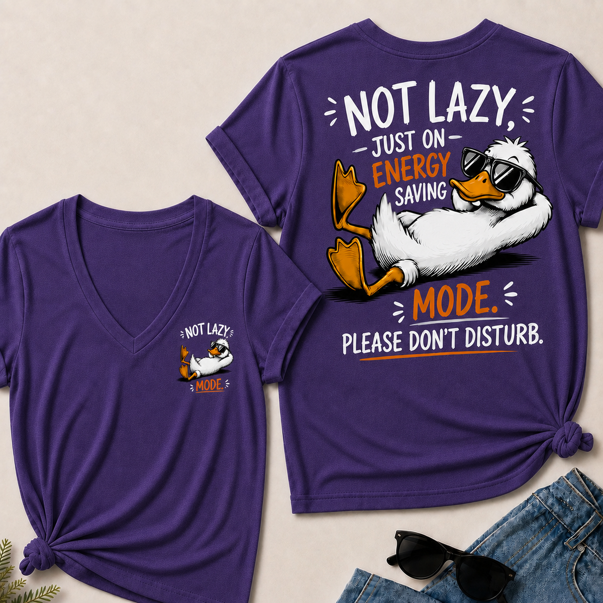 Women’s V‑Neck T‑Shirt, Funny Duck Not Lazy Energy Saving Mode Graphic Tee, Front & Back Print Casual Humor Short Sleeve Top