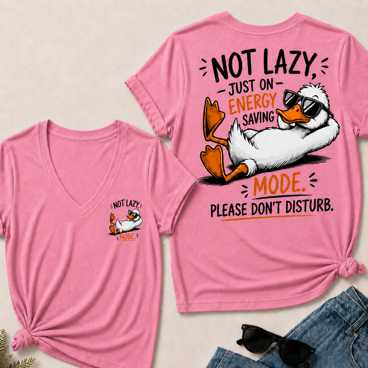Women’s V‑Neck T‑Shirt, Funny Duck Not Lazy Energy Saving Mode Graphic Tee, Front & Back Print Casual Humor Short Sleeve Top
