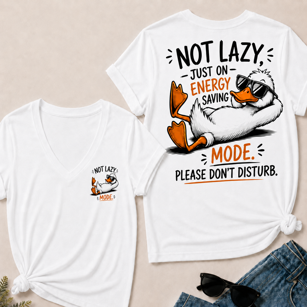 Women’s V‑Neck T‑Shirt, Funny Duck Not Lazy Energy Saving Mode Graphic Tee, Front & Back Print Casual Humor Short Sleeve Top
