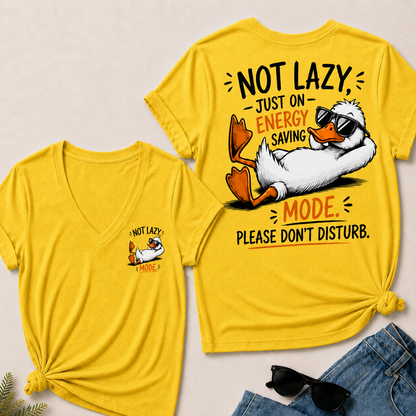 Women’s V‑Neck T‑Shirt, Funny Duck Not Lazy Energy Saving Mode Graphic Tee, Front & Back Print Casual Humor Short Sleeve Top