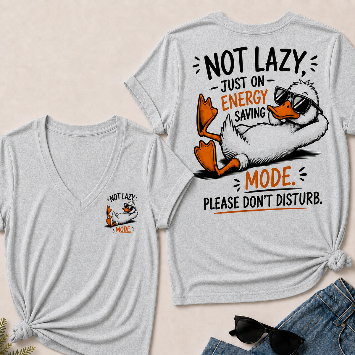 Women’s V‑Neck T‑Shirt, Funny Duck Not Lazy Energy Saving Mode Graphic Tee, Front & Back Print Casual Humor Short Sleeve Top