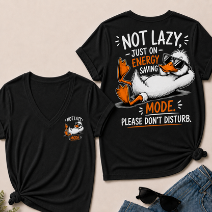 Women’s V‑Neck T‑Shirt, Funny Duck Not Lazy Energy Saving Mode Graphic Tee, Front & Back Print Casual Humor Short Sleeve Top