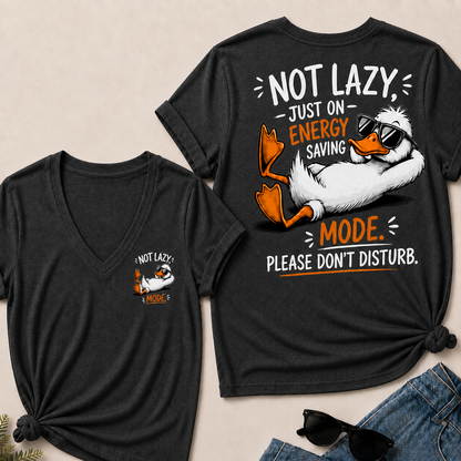 Women’s V‑Neck T‑Shirt, Funny Duck Not Lazy Energy Saving Mode Graphic Tee, Front & Back Print Casual Humor Short Sleeve Top