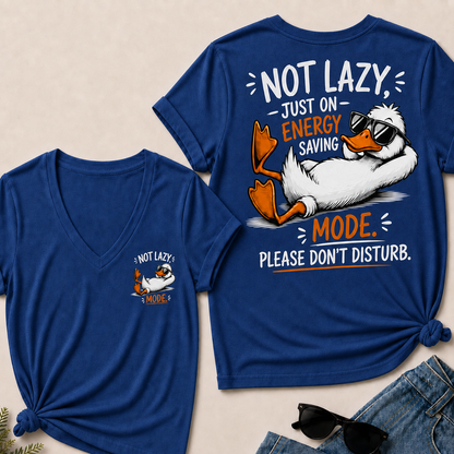 Women’s V‑Neck T‑Shirt, Funny Duck Not Lazy Energy Saving Mode Graphic Tee, Front & Back Print Casual Humor Short Sleeve Top