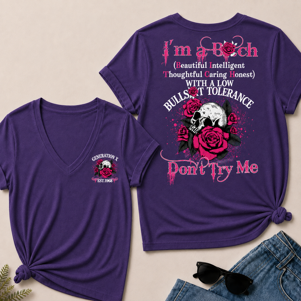 Women’s V‑Neck T‑Shirt, Generation X EST.1968 Skull Pink Rose Graphic Tee, Beautiful Intelligent Thoughtful Caring Honest Front & Back Print Casual Short Sleeve Top