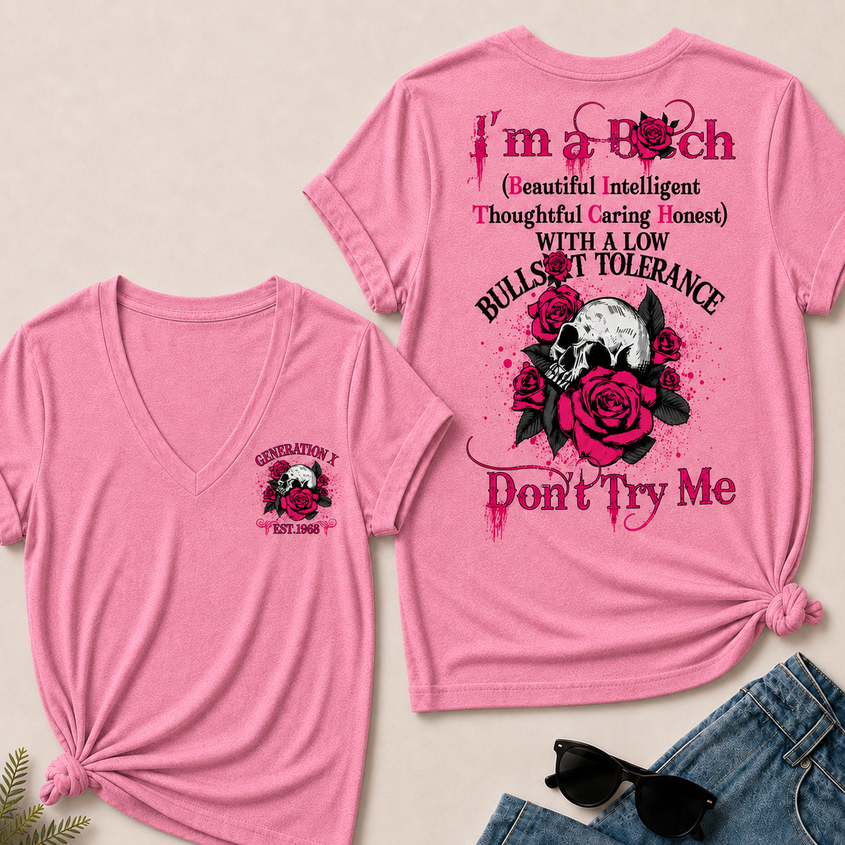 Women’s V‑Neck T‑Shirt, Generation X EST.1968 Skull Pink Rose Graphic Tee, Beautiful Intelligent Thoughtful Caring Honest Front & Back Print Casual Short Sleeve Top
