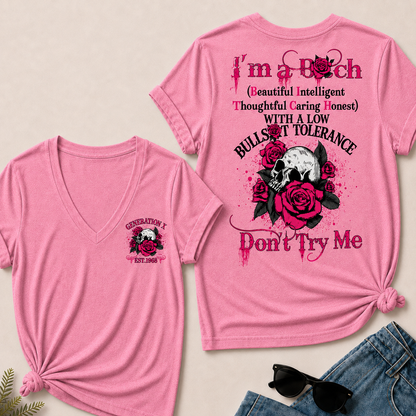 Women’s V‑Neck T‑Shirt, Generation X EST.1968 Skull Pink Rose Graphic Tee, Beautiful Intelligent Thoughtful Caring Honest Front & Back Print Casual Short Sleeve Top