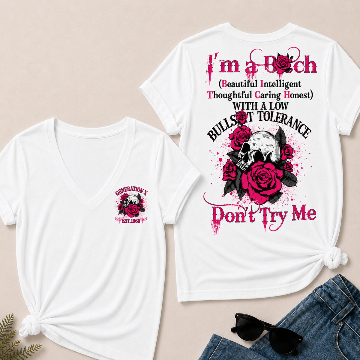 Women’s V‑Neck T‑Shirt, Generation X EST.1968 Skull Pink Rose Graphic Tee, Beautiful Intelligent Thoughtful Caring Honest Front & Back Print Casual Short Sleeve Top