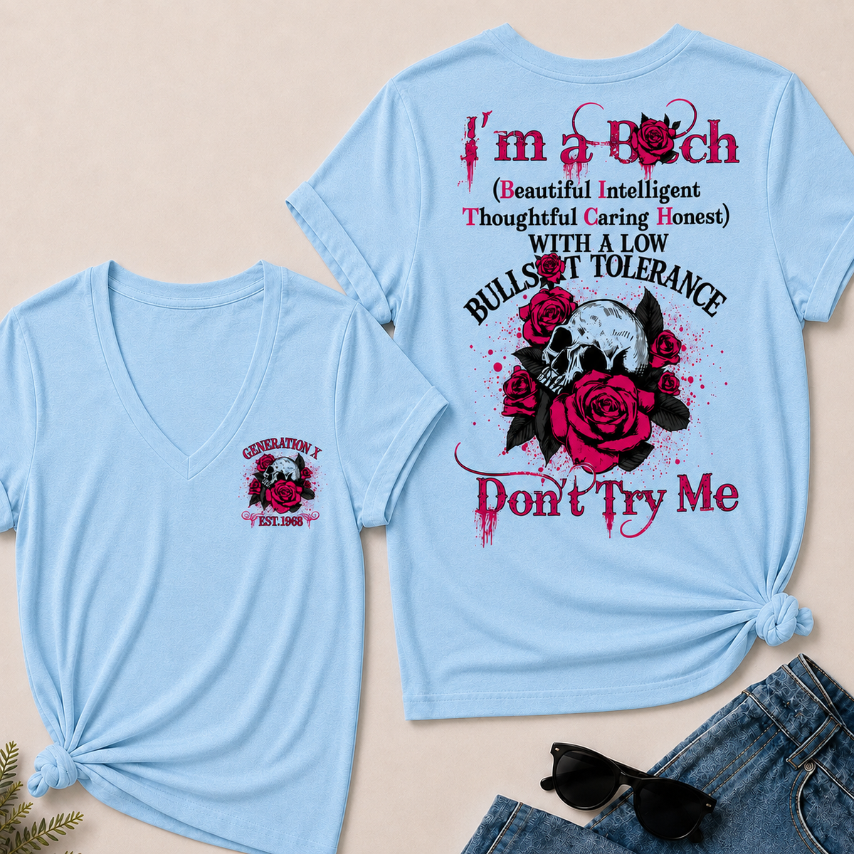 Women’s V‑Neck T‑Shirt, Generation X EST.1968 Skull Pink Rose Graphic Tee, Beautiful Intelligent Thoughtful Caring Honest Front & Back Print Casual Short Sleeve Top