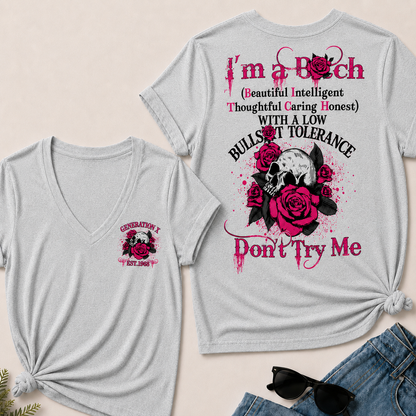 Women’s V‑Neck T‑Shirt, Generation X EST.1968 Skull Pink Rose Graphic Tee, Beautiful Intelligent Thoughtful Caring Honest Front & Back Print Casual Short Sleeve Top