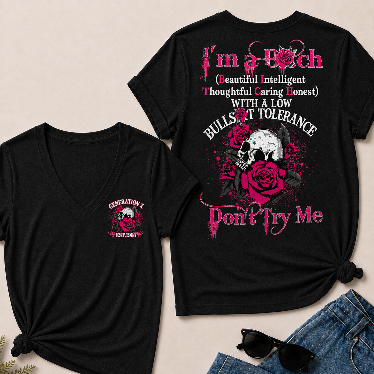 Women’s V‑Neck T‑Shirt, Generation X EST.1968 Skull Pink Rose Graphic Tee, Beautiful Intelligent Thoughtful Caring Honest Front & Back Print Casual Short Sleeve Top