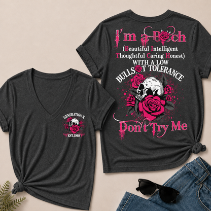 Women’s V‑Neck T‑Shirt, Generation X EST.1968 Skull Pink Rose Graphic Tee, Beautiful Intelligent Thoughtful Caring Honest Front & Back Print Casual Short Sleeve Top
