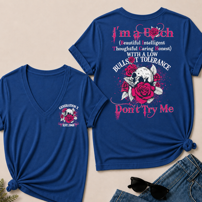 Women’s V‑Neck T‑Shirt, Generation X EST.1968 Skull Pink Rose Graphic Tee, Beautiful Intelligent Thoughtful Caring Honest Front & Back Print Casual Short Sleeve Top
