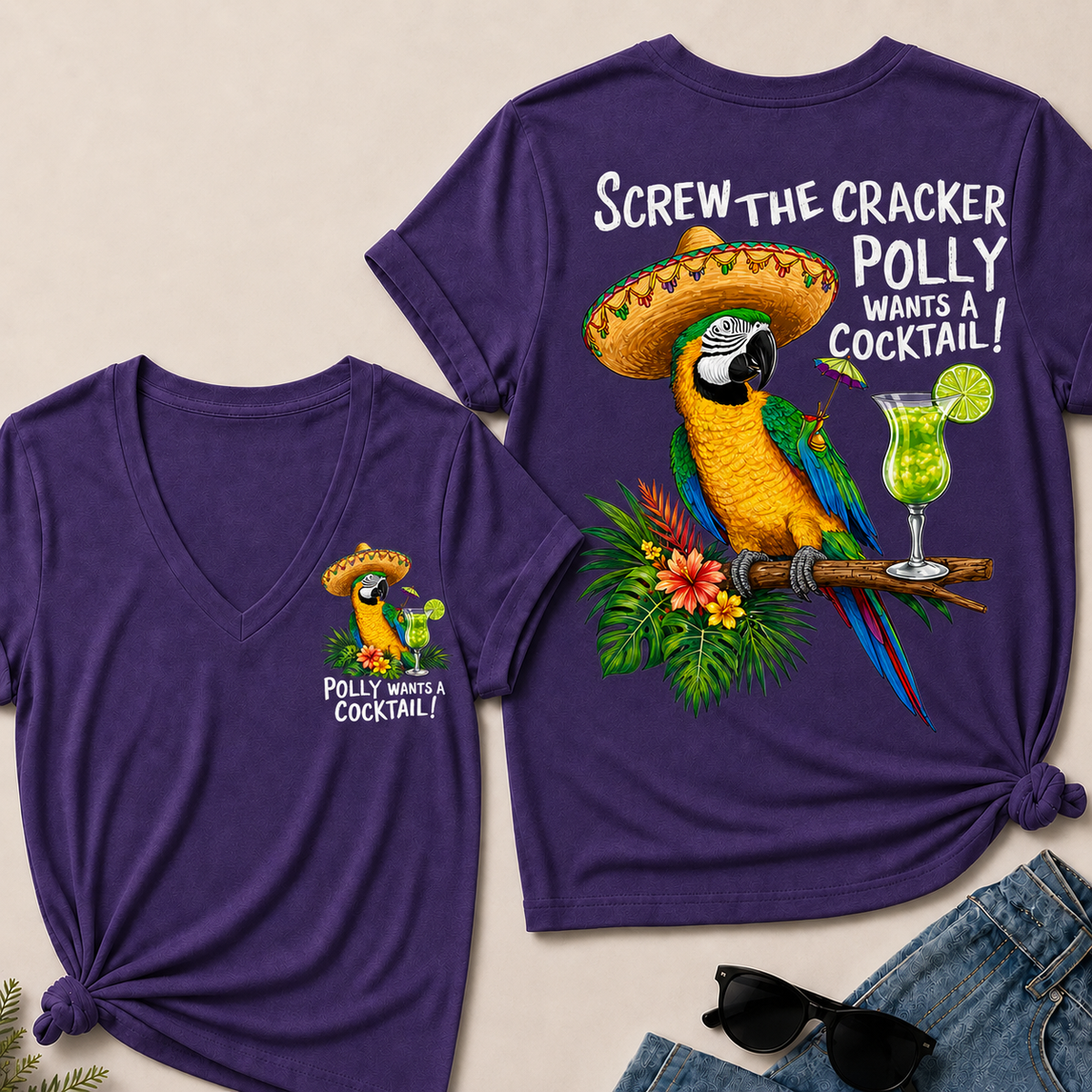 Women’s V‑Neck T‑Shirt, Funny Parrot Polly Wants A Cocktail Graphic Tee, Front & Back Print Tropical Vacation Casual Short Sleeve Top