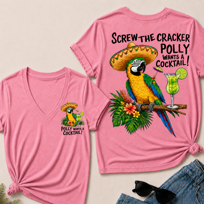 Women’s V‑Neck T‑Shirt, Funny Parrot Polly Wants A Cocktail Graphic Tee, Front & Back Print Tropical Vacation Casual Short Sleeve Top
