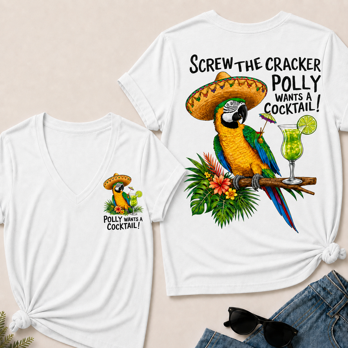 Women’s V‑Neck T‑Shirt, Funny Parrot Polly Wants A Cocktail Graphic Tee, Front & Back Print Tropical Vacation Casual Short Sleeve Top
