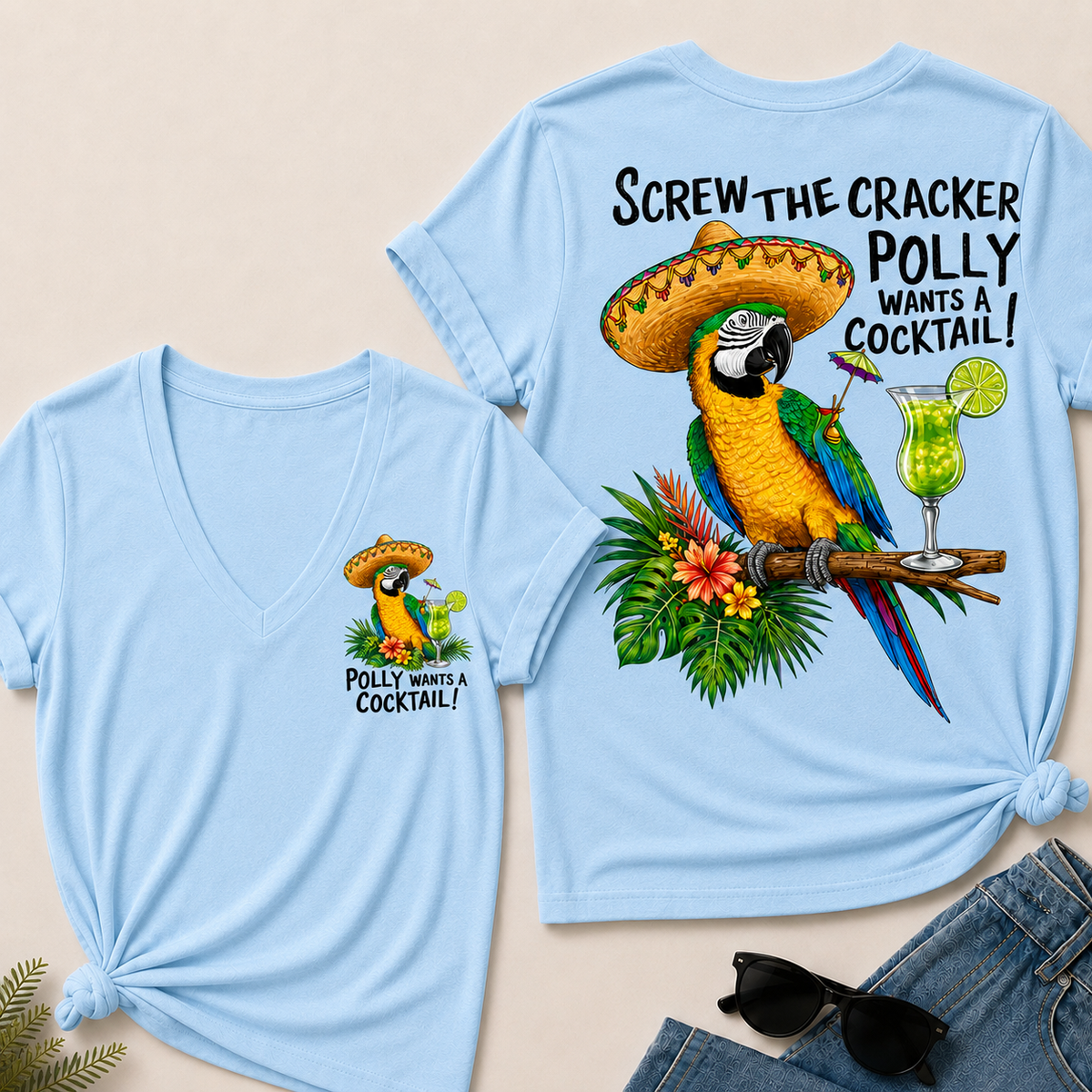 Women’s V‑Neck T‑Shirt, Funny Parrot Polly Wants A Cocktail Graphic Tee, Front & Back Print Tropical Vacation Casual Short Sleeve Top