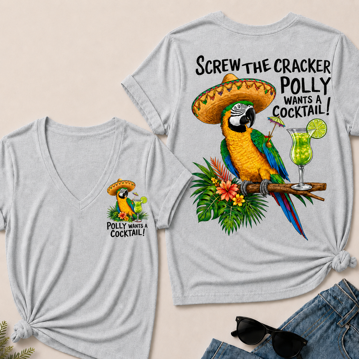 Women’s V‑Neck T‑Shirt, Funny Parrot Polly Wants A Cocktail Graphic Tee, Front & Back Print Tropical Vacation Casual Short Sleeve Top
