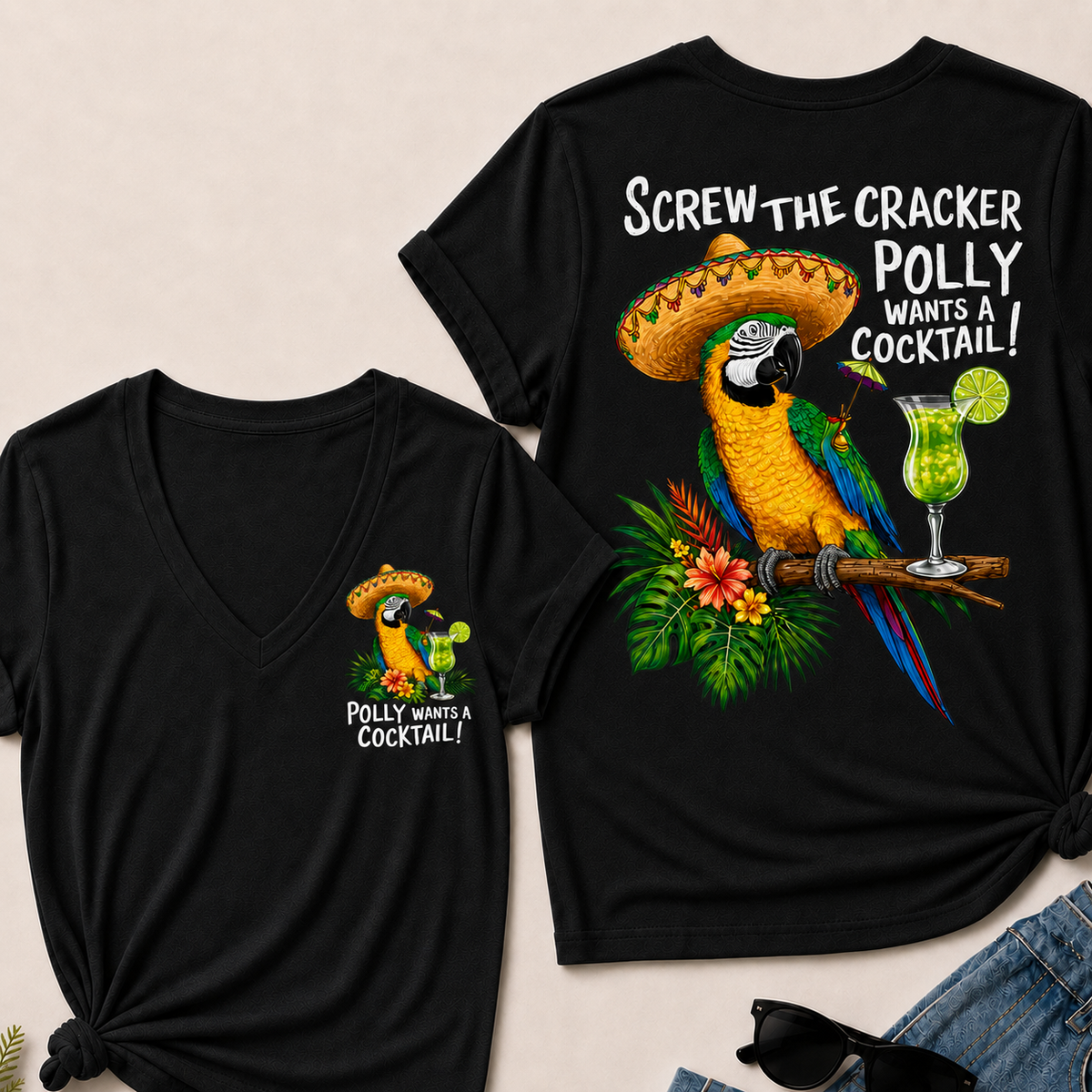 Women’s V‑Neck T‑Shirt, Funny Parrot Polly Wants A Cocktail Graphic Tee, Front & Back Print Tropical Vacation Casual Short Sleeve Top