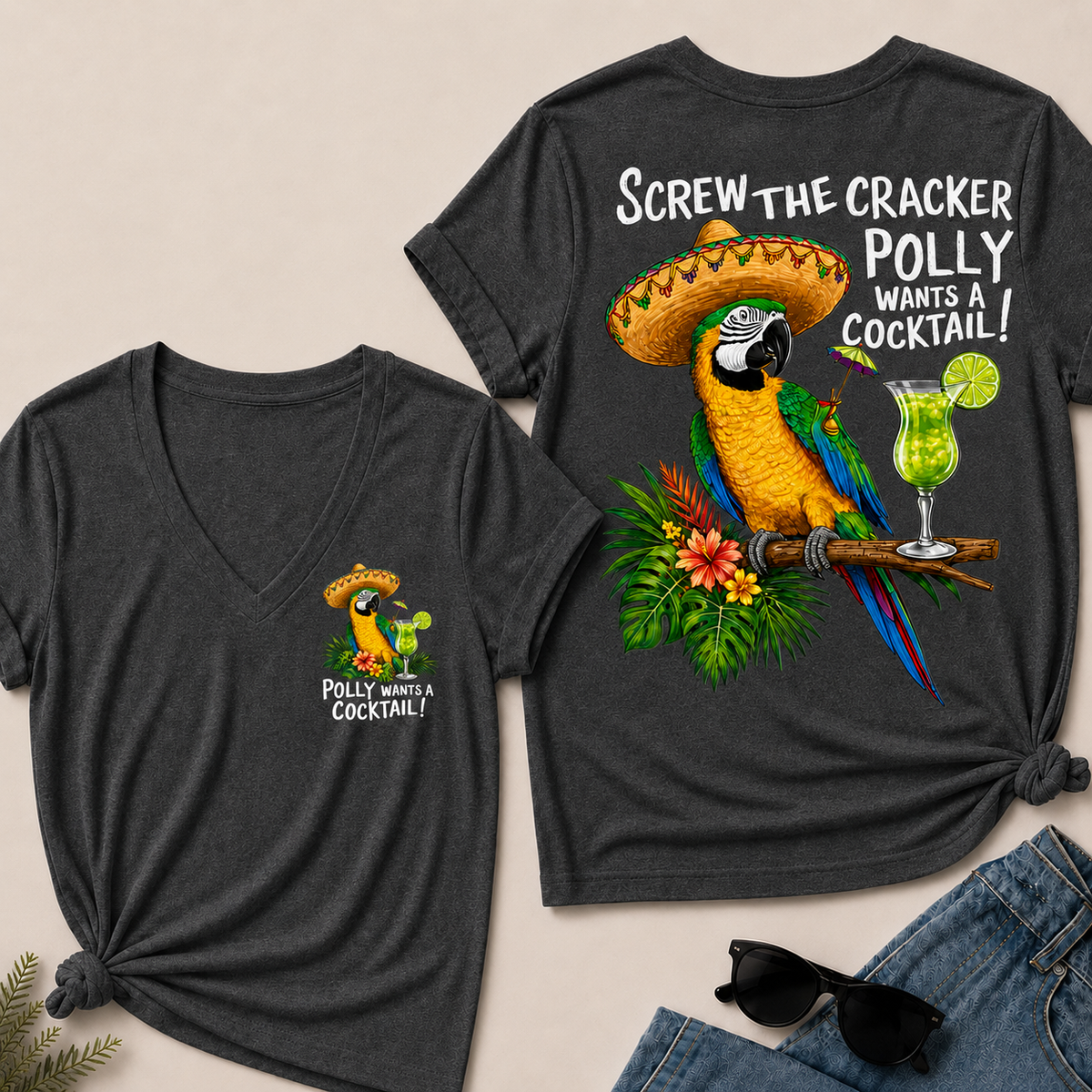Women’s V‑Neck T‑Shirt, Funny Parrot Polly Wants A Cocktail Graphic Tee, Front & Back Print Tropical Vacation Casual Short Sleeve Top