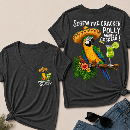 Women’s V‑Neck T‑Shirt, Funny Parrot Polly Wants A Cocktail Graphic Tee, Front & Back Print Tropical Vacation Casual Short Sleeve Top
