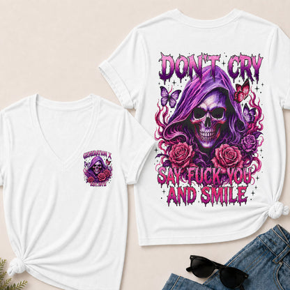 Women’s V‑Neck T‑Shirt, Generation X EST.1972 Purple Skull Rose Butterfly Graphic Tee, Front & Back Print Sarcastic Dark Style Casual Short Sleeve Top