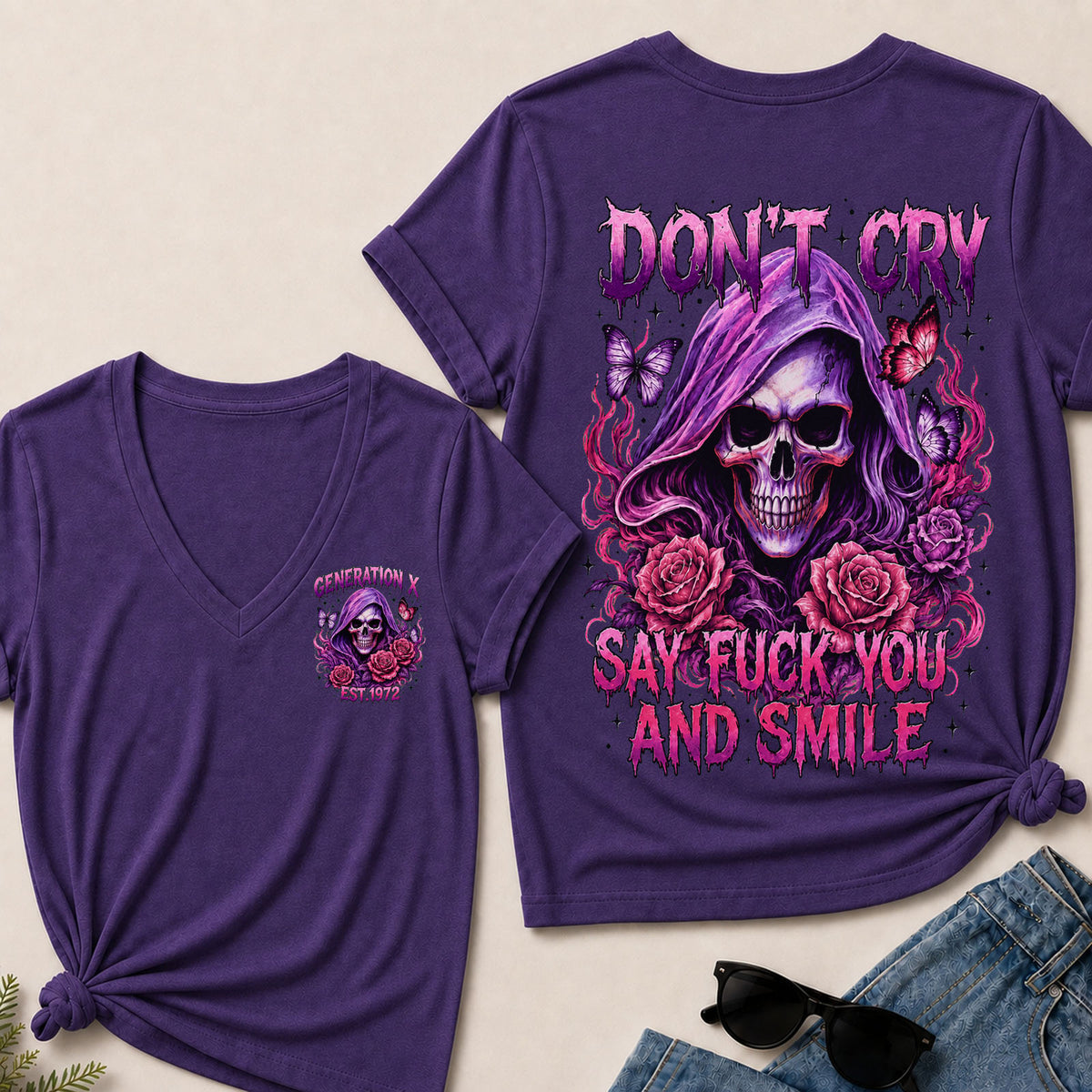 Women’s V‑Neck T‑Shirt, Generation X EST.1972 Purple Skull Rose Butterfly Graphic Tee, Front & Back Print Sarcastic Dark Style Casual Short Sleeve Top