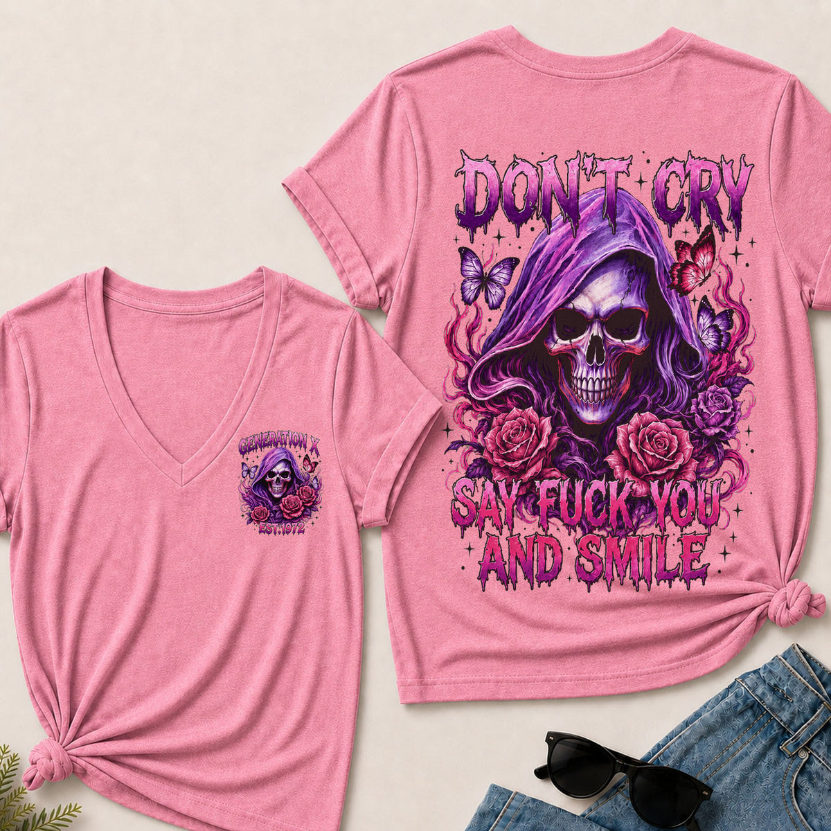Women’s V‑Neck T‑Shirt, Generation X EST.1972 Purple Skull Rose Butterfly Graphic Tee, Front & Back Print Sarcastic Dark Style Casual Short Sleeve Top