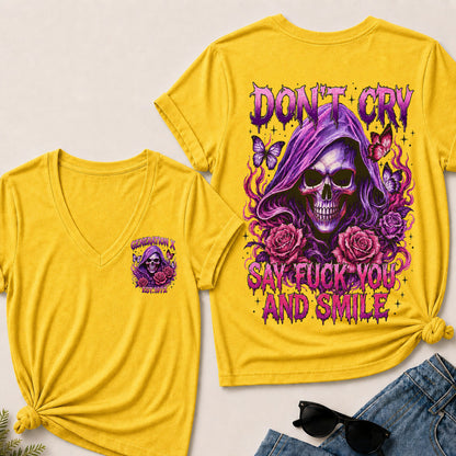 Women’s V‑Neck T‑Shirt, Generation X EST.1972 Purple Skull Rose Butterfly Graphic Tee, Front & Back Print Sarcastic Dark Style Casual Short Sleeve Top
