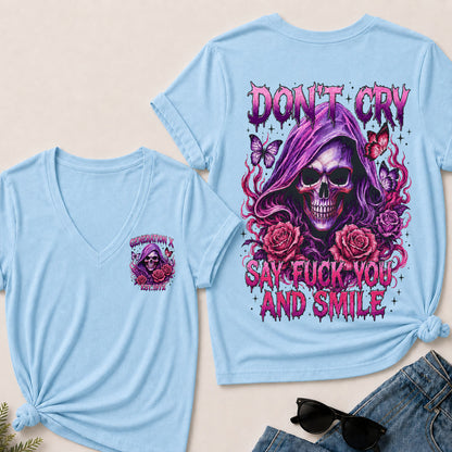 Women’s V‑Neck T‑Shirt, Generation X EST.1972 Purple Skull Rose Butterfly Graphic Tee, Front & Back Print Sarcastic Dark Style Casual Short Sleeve Top