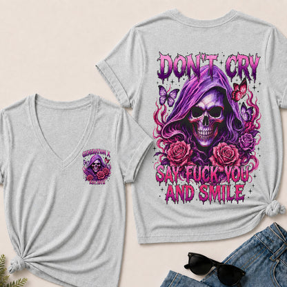 Women’s V‑Neck T‑Shirt, Generation X EST.1972 Purple Skull Rose Butterfly Graphic Tee, Front & Back Print Sarcastic Dark Style Casual Short Sleeve Top