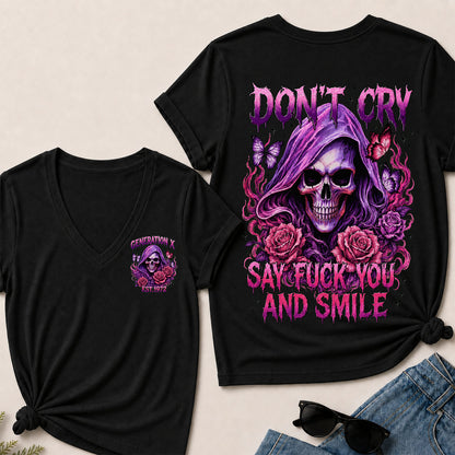 Women’s V‑Neck T‑Shirt, Generation X EST.1972 Purple Skull Rose Butterfly Graphic Tee, Front & Back Print Sarcastic Dark Style Casual Short Sleeve Top