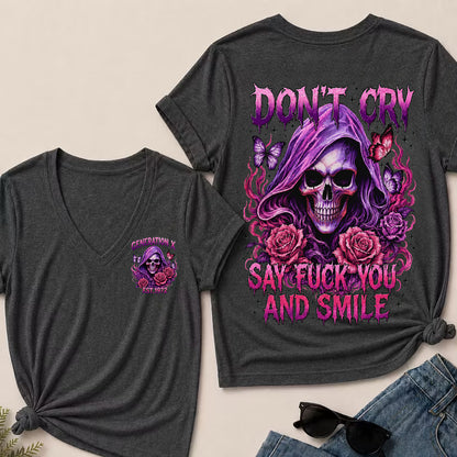 Women’s V‑Neck T‑Shirt, Generation X EST.1972 Purple Skull Rose Butterfly Graphic Tee, Front & Back Print Sarcastic Dark Style Casual Short Sleeve Top