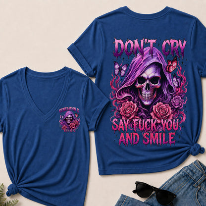 Women’s V‑Neck T‑Shirt, Generation X EST.1972 Purple Skull Rose Butterfly Graphic Tee, Front & Back Print Sarcastic Dark Style Casual Short Sleeve Top