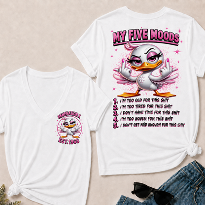 Women’s V‑Neck T‑Shirt, Generation X EST.1968 Pink Duck My Five Moods Graphic Tee, Front & Back Print Sarcastic Funny Casual Short Sleeve Top
