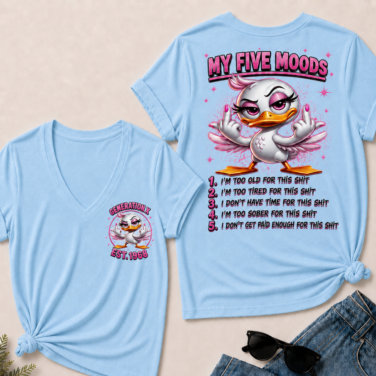 Women’s V‑Neck T‑Shirt, Generation X EST.1968 Pink Duck My Five Moods Graphic Tee, Front & Back Print Sarcastic Funny Casual Short Sleeve Top