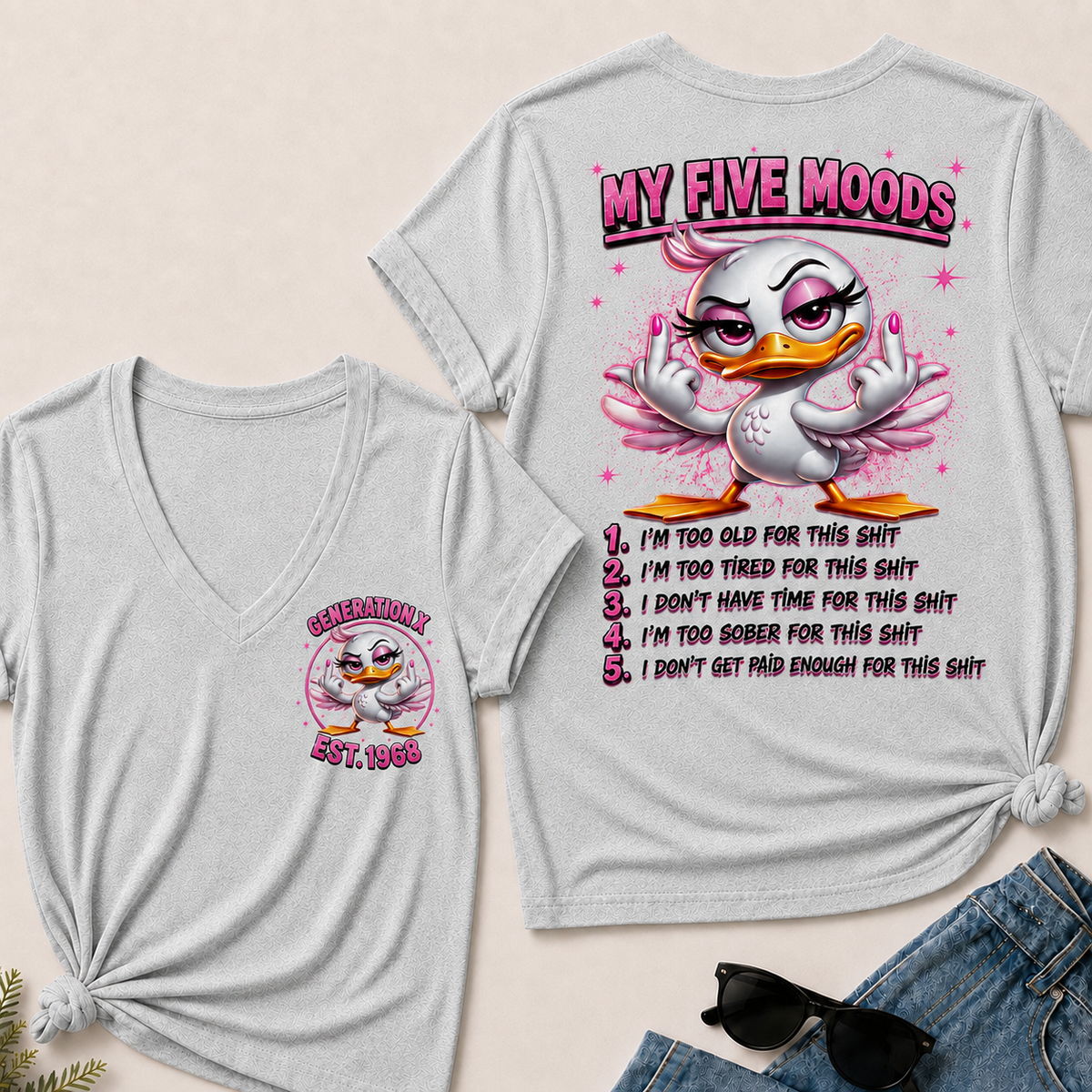 Women’s V‑Neck T‑Shirt, Generation X EST.1968 Pink Duck My Five Moods Graphic Tee, Front & Back Print Sarcastic Funny Casual Short Sleeve Top