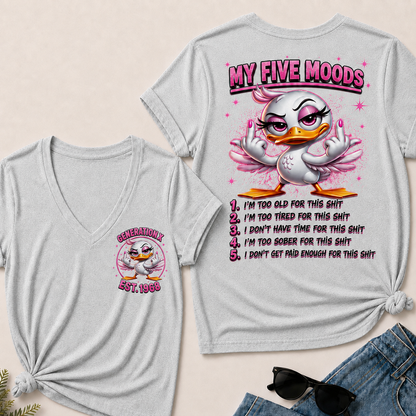 Women’s V‑Neck T‑Shirt, Generation X EST.1968 Pink Duck My Five Moods Graphic Tee, Front & Back Print Sarcastic Funny Casual Short Sleeve Top