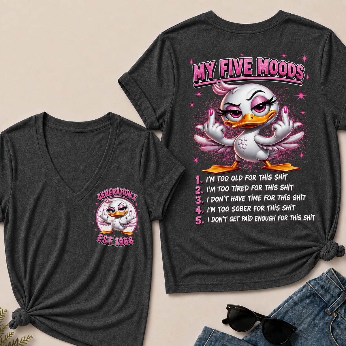 Women’s V‑Neck T‑Shirt, Generation X EST.1968 Pink Duck My Five Moods Graphic Tee, Front & Back Print Sarcastic Funny Casual Short Sleeve Top